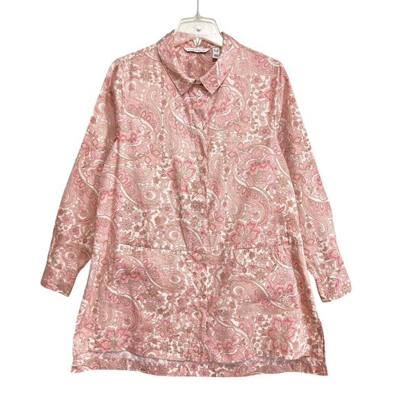 Isaac Mizrahi Live Button-Up Tunic Top Womens Size 8 Pink Tan Floral Long Sleeve - Picture 1 of 9